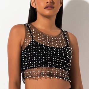 AKIRA Sexy Sheer Mesh Pearl Rhinestone Embellished Top